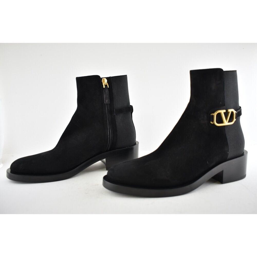 Valentino V Logo Gold Black Suede Block Heel Short Ankle Chelsea Zip Bootie 37.5 - Picture 8 of 10